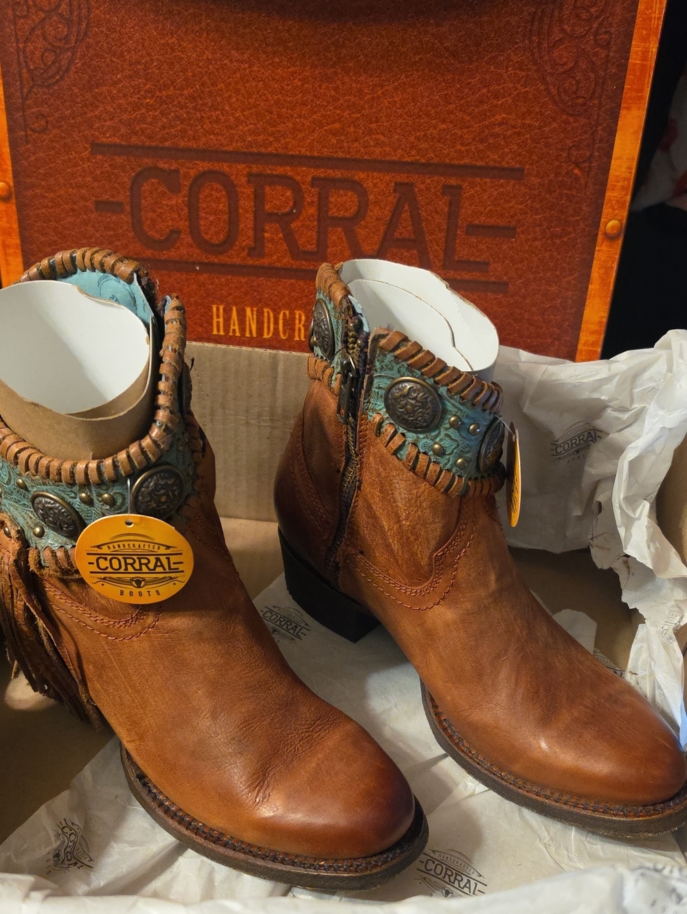 Corral Brown Leather Ankle Boots with Turquoise Trim